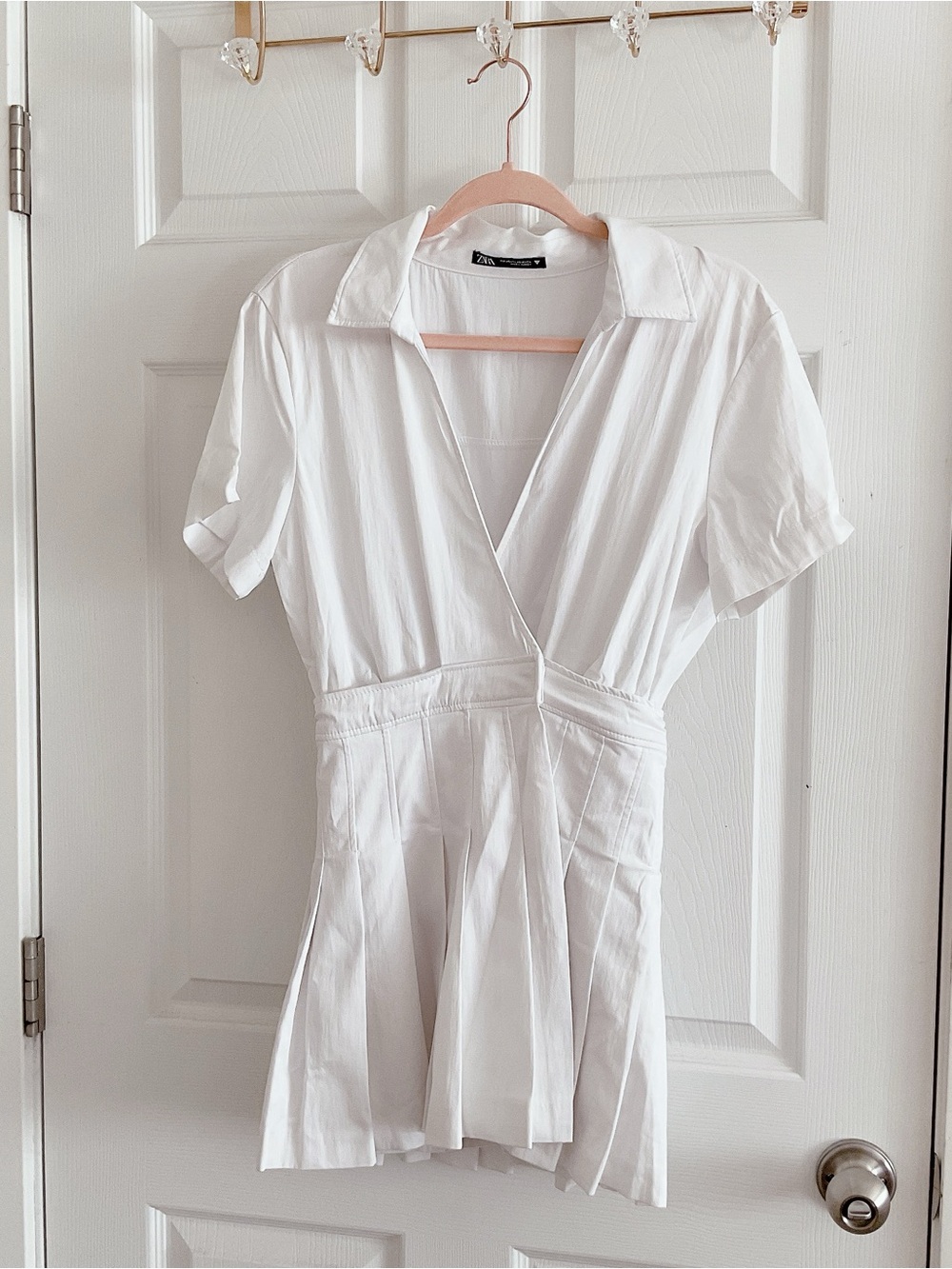 Zara white pleated skirt collared dress